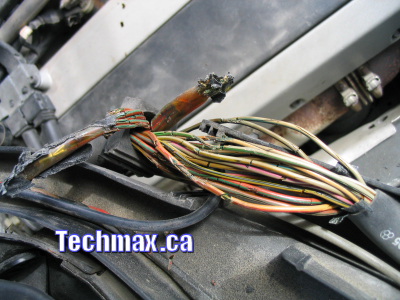 MERCEDES 500SEL WIRING HARNESS
DEAR CLIENTS PLEASE NOTE IF YOU OWN A 1992-95 MB. THEN YOU SHOULD CHECK YOUR WIRING HARNESS FOR CRACKING AND INSULATION DAMAGE OR YOUR HARNESS MIGHT END UP IN SMOKE LIKE THIS CAUSED BY HEAT IN THE HOT ENGINE BAY.
